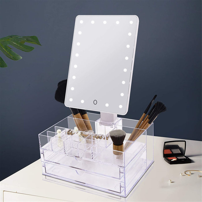Latitude Run® Lighted Makeup Vanity Mirror With 10X Magnifying Mirror And Organizer Tray, 21 LED latitude run makeup vanity